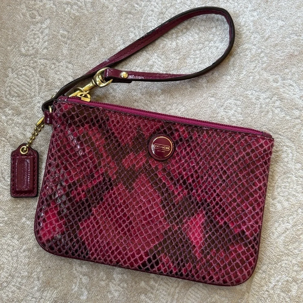 COACH Leather Zippered Wristlet Snakeskin Raspberry Pink Embossed Python Exotic